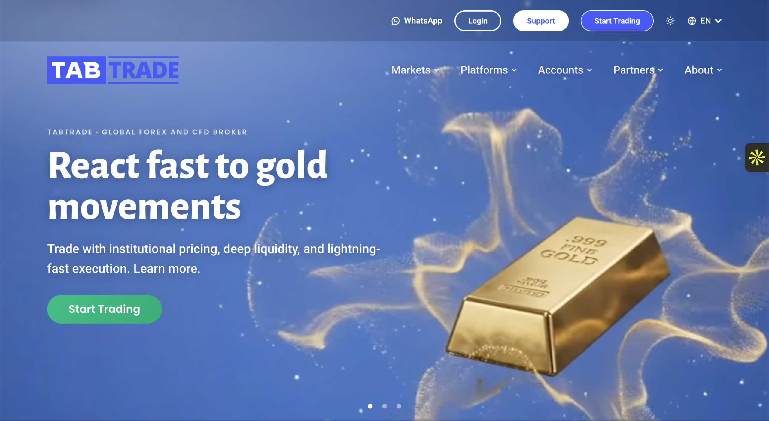 TAB Trade hero banner with blue gradient background, logo, and prominent headline about reacting to gold movements; gold bar image on the right.